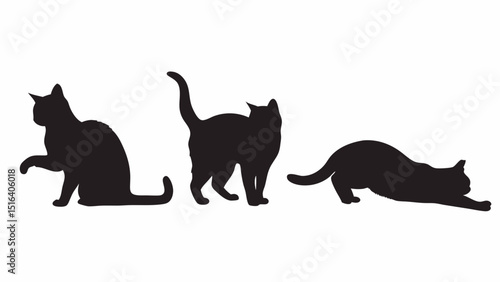 Three black silhouette cats in different poses vector illustration graphic design for pet lovers
