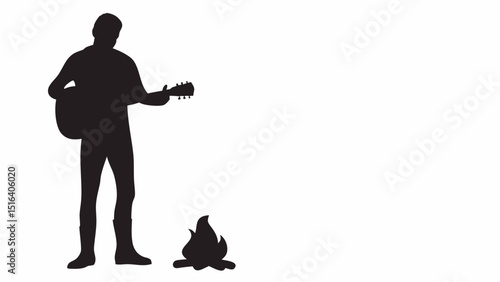 Silhouette of musician playing guitar by campfire for outdoor music camping and adventure lifestyle scene