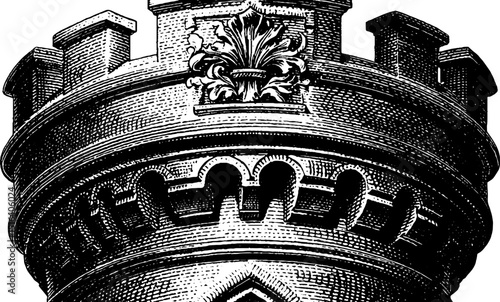 Intricate engraved illustration of castle turret for historical design projects