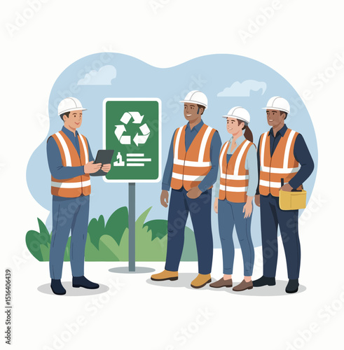 Team of environmental workers wearing safety vests near recycle sign in a clean illustration