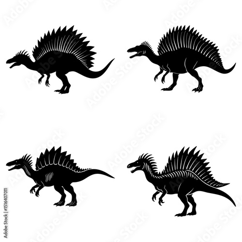 Four spinosaurus dinosaurs with spined backs in black silhouette against a white background image layout