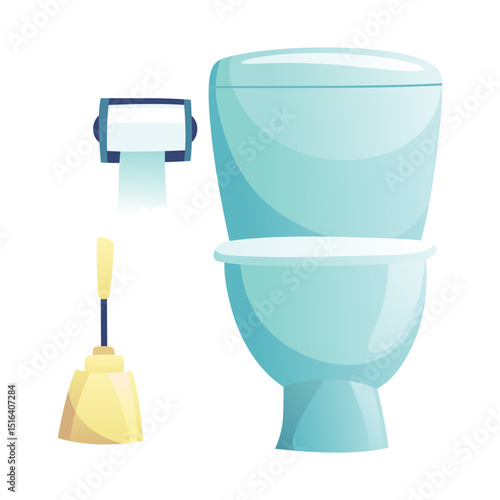 A bathroom toilet equipped with a plunger and a toilet paper holder