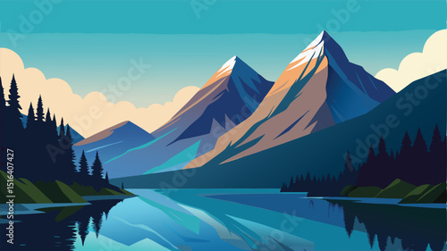 Mountain landscape illustration with lake and forest scenery art