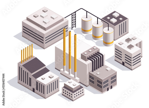Isometric factory. Concept of industrial plant with chimney tower or pipes. Industrial bulding. 3d isolated icon. Architecture of manufacture house