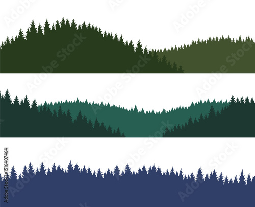 Foggy mountains landscape background set. Smoky and rocky panorama with mountains skyline and pine tree forest silhouettes. Scenery with slopes, vector cartoon illustration