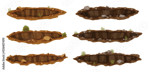 Holes ground set. Works digging of sand coal waste rock or gravel. Brown, dry mine elements of landscape. Cartoon illustration