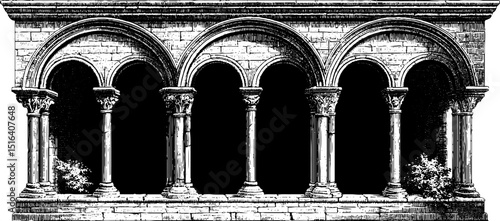 Engraved illustration of historic cloister arcade architecture for design projects