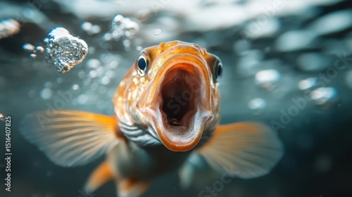 An inquisitive orange fish bubbles while swimming underwater, capturing a moment of aquatic life, showcasing ocean dynamics and the vibrant beauty of marine ecosystems.