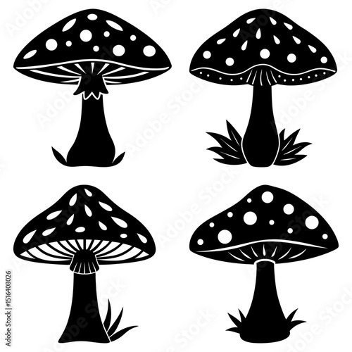 Four black and white stylized mushrooms with dotted caps and grass like foliage in a symmetrical arrangement