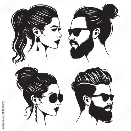 Stylish male and female faces in sunglasses, presented in a striking silhouette style. silhouette