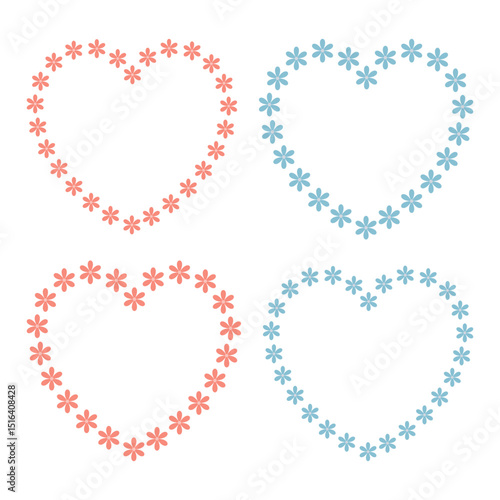 Set of heart shape frames with flowers. Flower borders with place for text or photo in the middle. Decorative elements for fabric, wrapping paper.