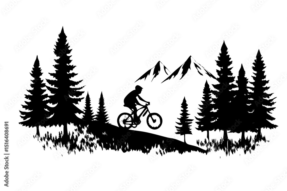 Obraz premium Mountain Biker Silhouette Against a Forest Background