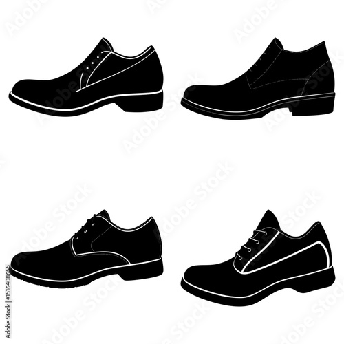 Illustration of four different styles of men's dress shoes in black silhouette on a white background