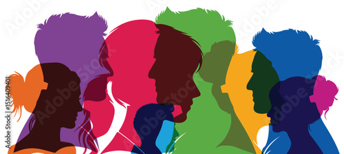 Colorful overlapping human head silhouettes, colorful silhouette background with head of people