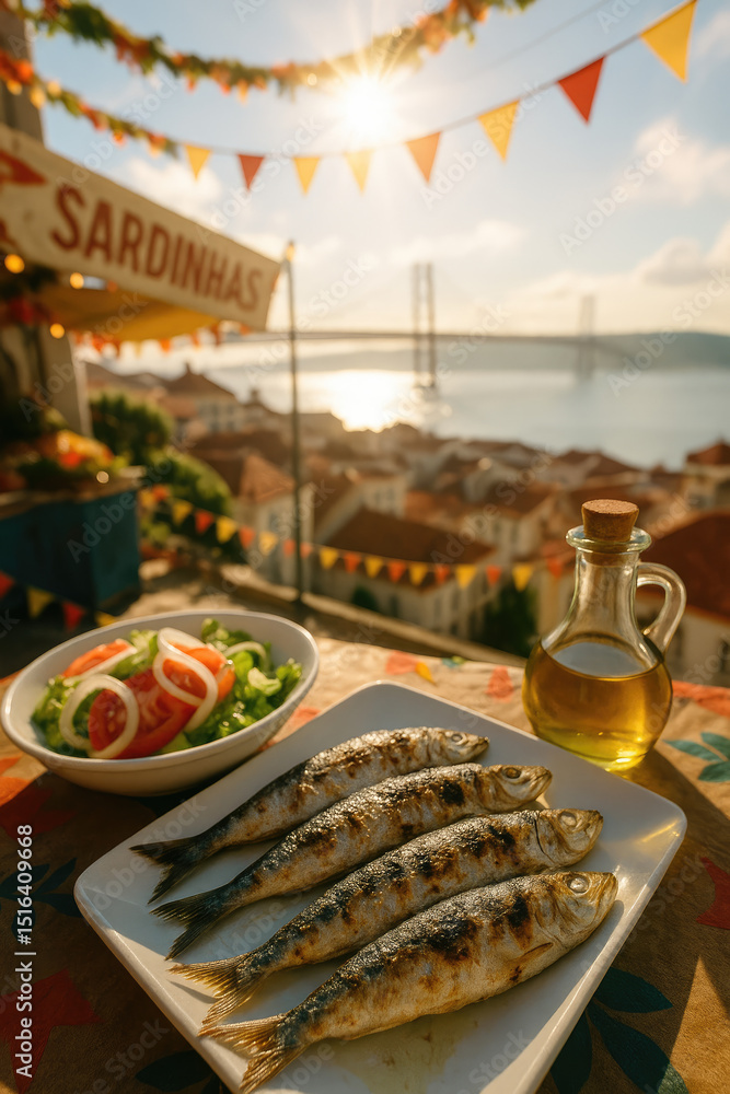 Naklejka premium Flavors of Lisbon: A Festive Table with Grilled Sardines, Olive Oil, and Salad Set Against the Backdrop of Santo António Celebrations.