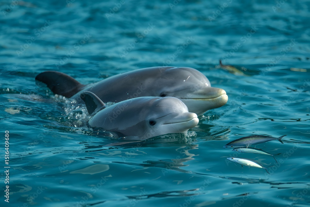 Obraz premium Two dolphins swimming in turquoise ocean water