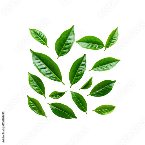 Vibrant green tea leaves on design eco food dark leaf on transparent background