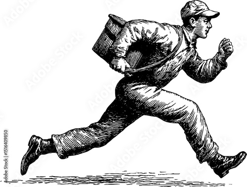 Vintage courier in motion: engraved illustration of a speedy delivery carrier