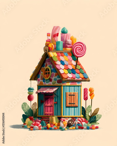 A colorful candy house illustration with a lollipop roof and sweets   -