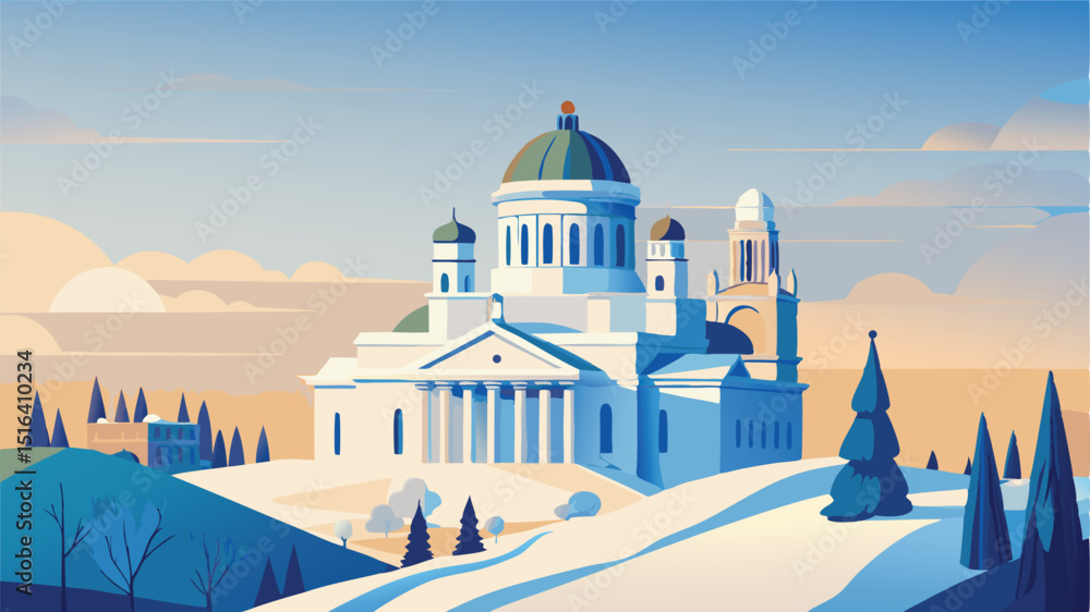 Winter helsinki cathedral illustration cityscape snow scene art Winter helsinki cathedral illustration cityscape snow scene art
