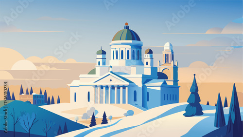 Winter helsinki cathedral illustration cityscape snow scene art