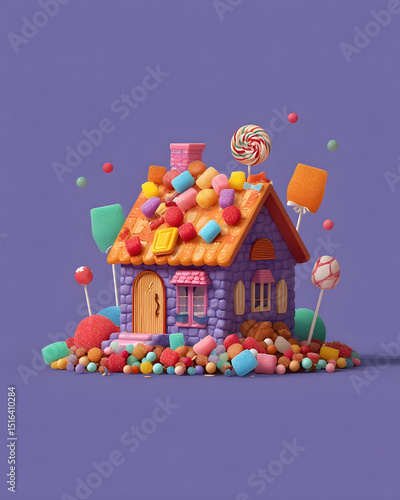A colorful candy house illustration with a lollipop roof and sweets   -