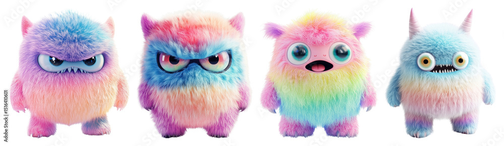 Fototapeta premium PNG Colorful fluffy cartoon creatures, element set on transparent background