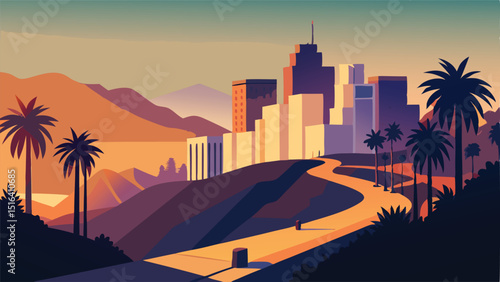 Los angeles city skyline with palm trees at sunset illustration