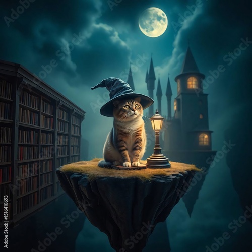 Magical Cat on a Moonlit Island