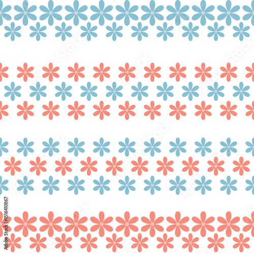 Set of seamless borders with blue and pink flowers. Decorative element for textile, fabric, wrapping paper. Horizontal flower ornament.