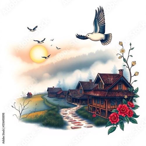 Serene Village at Sunrise.