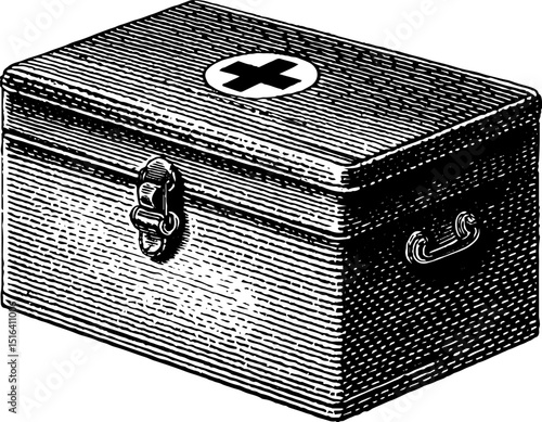 Vintage engraved first aid kit illustration with cross symbol for medical design