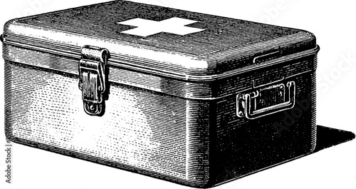 Engraved first aid kit illustration with cross symbol in bold black design