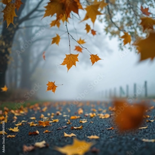 Autumn Leaves Falling on Misty Road