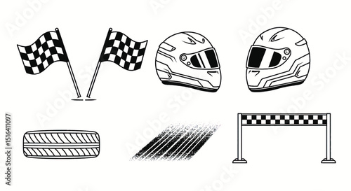 Monochrome illustration of racing elements, including flags, helmets, tires, and skid marks on white background.