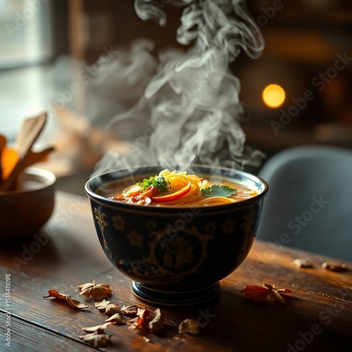 Steaming Hot Pasta Soup in a Decorative Bowl.