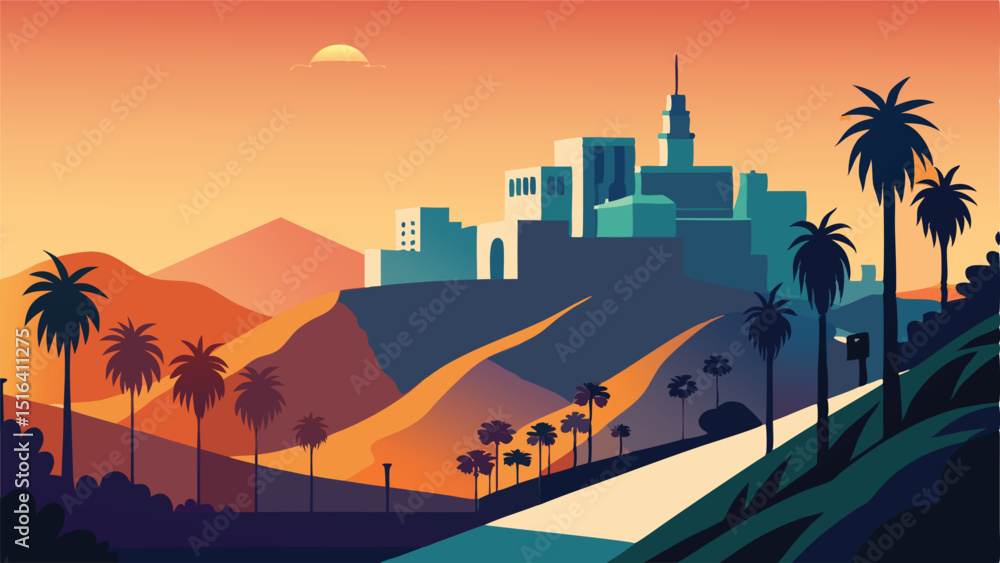 Illustrated cityscape with palm trees and sunset vector art Illustrated cityscape with palm trees and sunset vector art