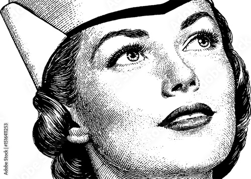 Vintage flight attendant portrait engraving for aviation and travel design