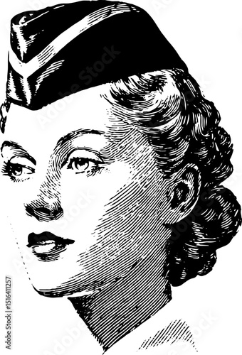 Vintage black and white engraved illustration of flight attendant