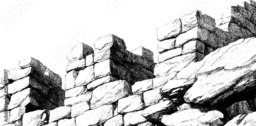 Detailed engraving of ancient fortress wall architecture