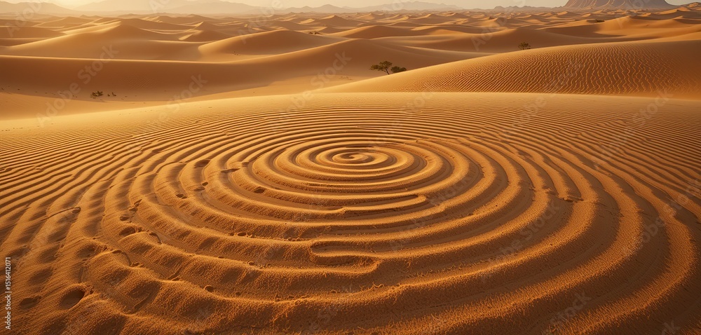 Naklejka premium Majestic desert landscape with sand dunes and a striking circular pattern design