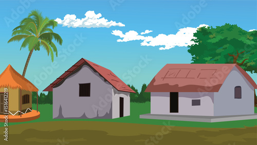 Wallpaper Mural Cartoon Indian Village Scene with Clay and Mud Houses, Thatched Hut, Coconut Tree, Red Roof Homes, Greenery, Countryside Background, Rural Architecture, Farming Landscape, Flat Vector Illustration
 Torontodigital.ca