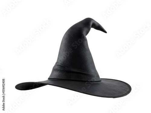 A spooky yet stylish black witch hat featuring a tall pointed crown, a long tail, and a wide brim with a classic decorative buckle—perfectly isolated on a transparent PNG background for Halloween cost