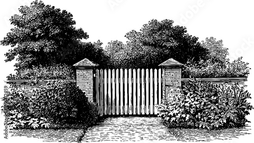 Engraved illustration of a vintage garden gate surrounded by lush greenery