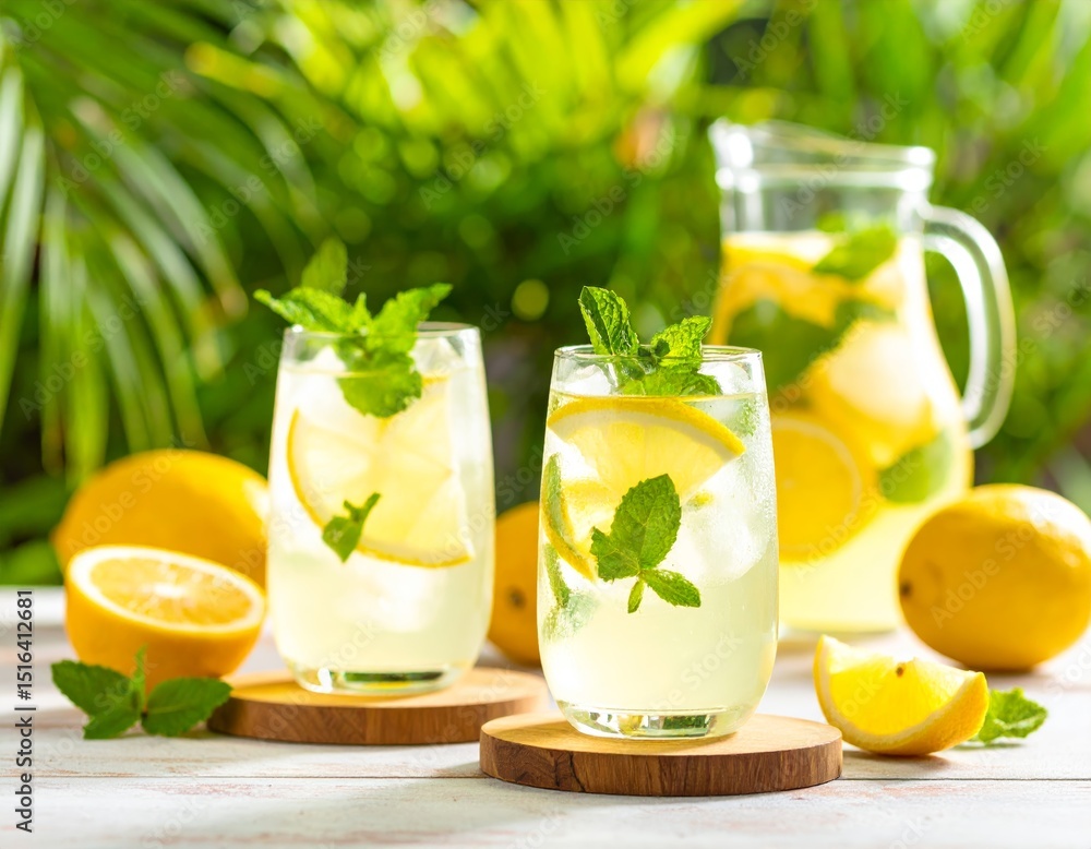Fototapeta premium Two glasses of refreshing lemonade with mint sprigs and lemon slices sit on coasters beside a pitcher and fresh lemons, set against a tropical backdrop of palm leaves.