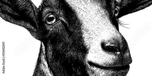 Engraved goat illustration with bold black lines for artistic design and decor