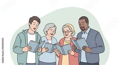 Diverse People Singing From Books Together in a Group Harmony Illustration