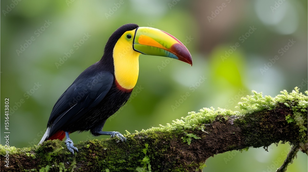 Obraz premium Vibrant toucan perched on mossy tree branch in lush rainforest