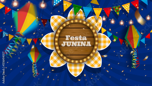 festa junina celebration banner with sunflower shaped wooden signboard, colorful pennants and lanterns	