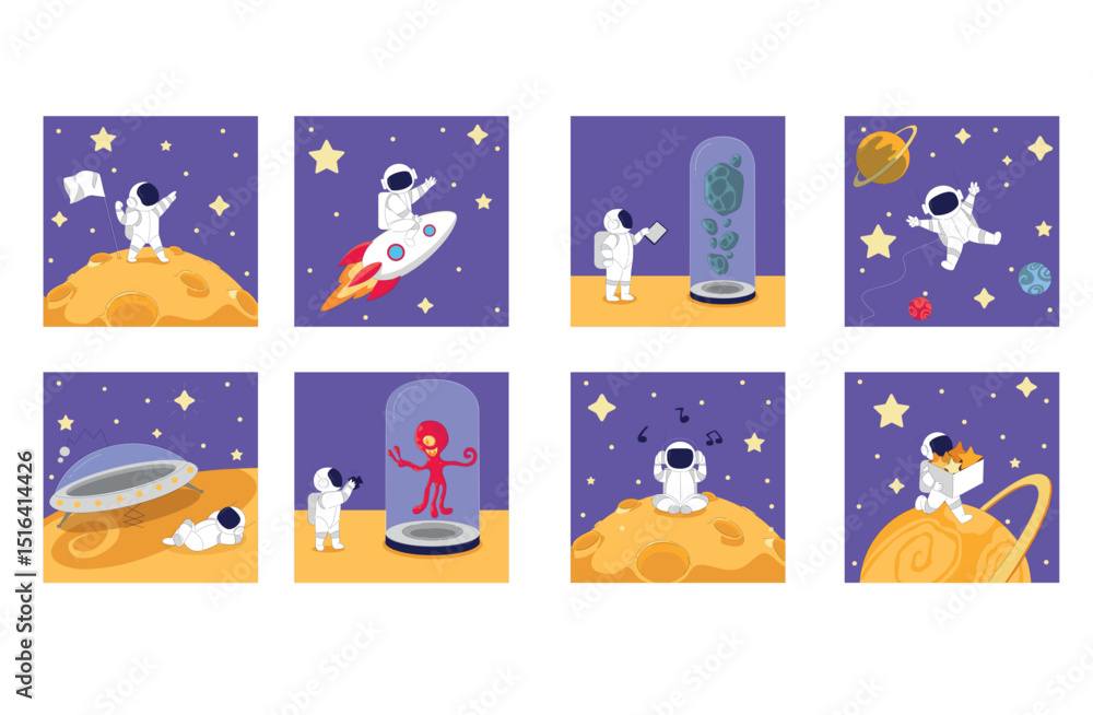 Fototapeta premium A Collection of Illustrations Featuring Adventurous Astronauts in the Expansive Outer Space